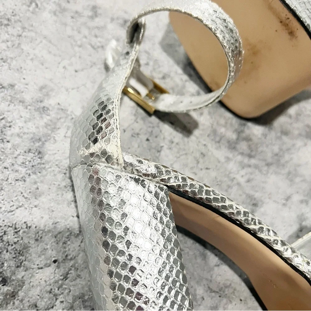 Good American Ankle Strap Open Toe Platform Sandals Silver Size 8